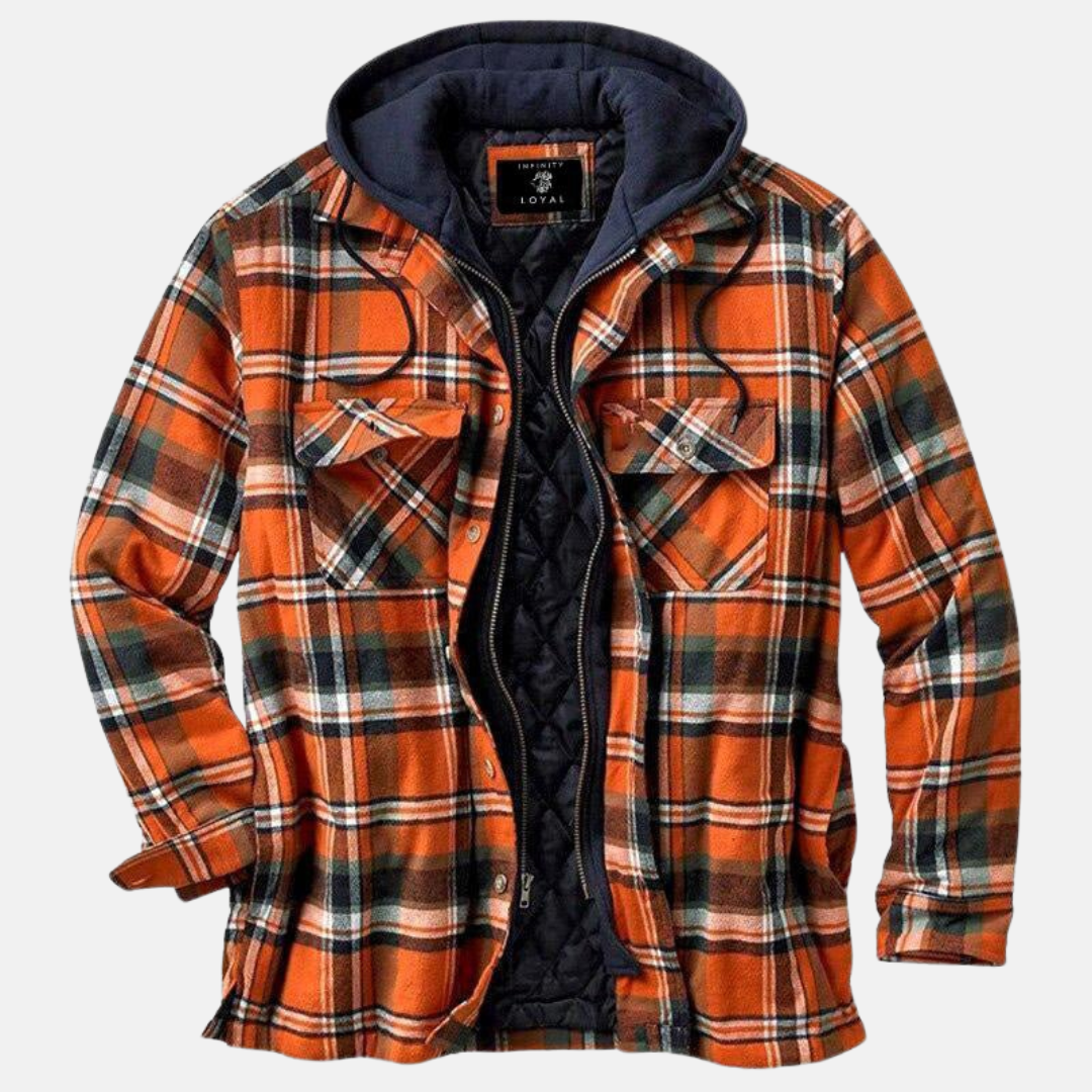 Men's Warm Hooded Overshirt Jacket With A Print And Quilted Design—practical Outerwear For Outdoor Use And Casual Everyday Style