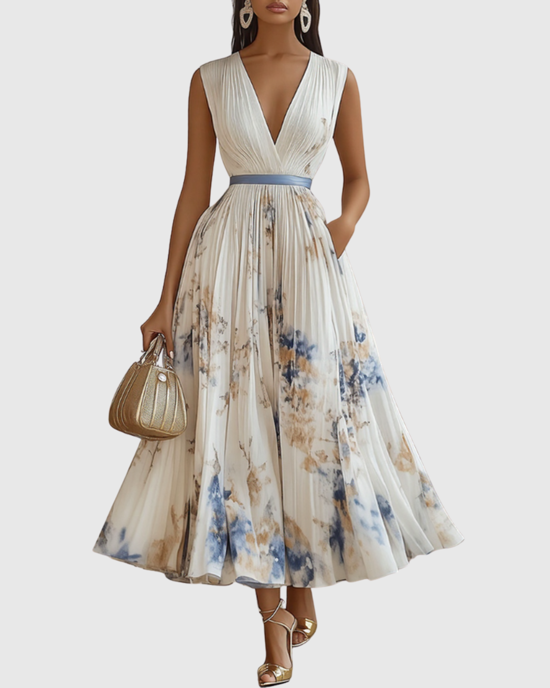Women's Pleated Maxi Dress With A Deep V-neck And Print – An Elegant Dress For Parties, Weddings, And Special Occasions