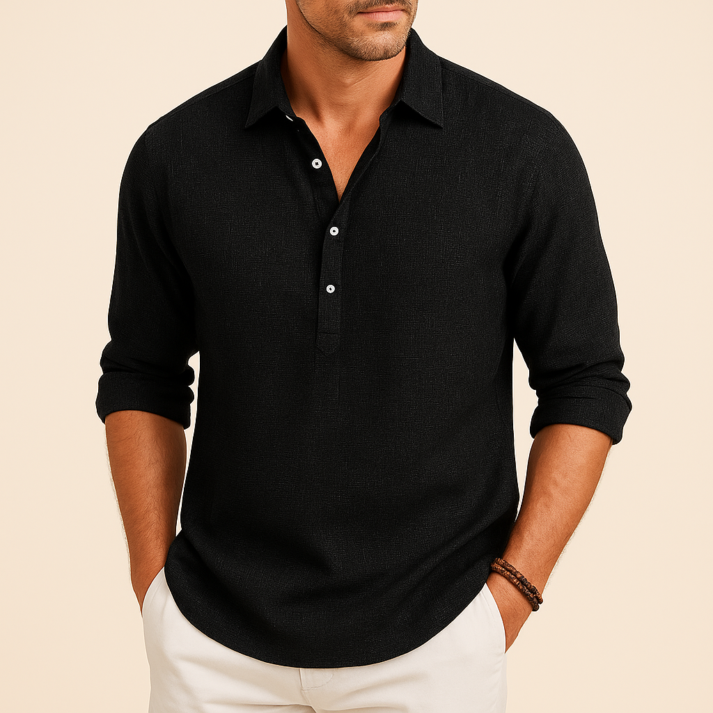 Men's Long-sleeve Polo Shirt With A Button Placket At The Neck—relaxed Fit For Comfortable Everyday Wear