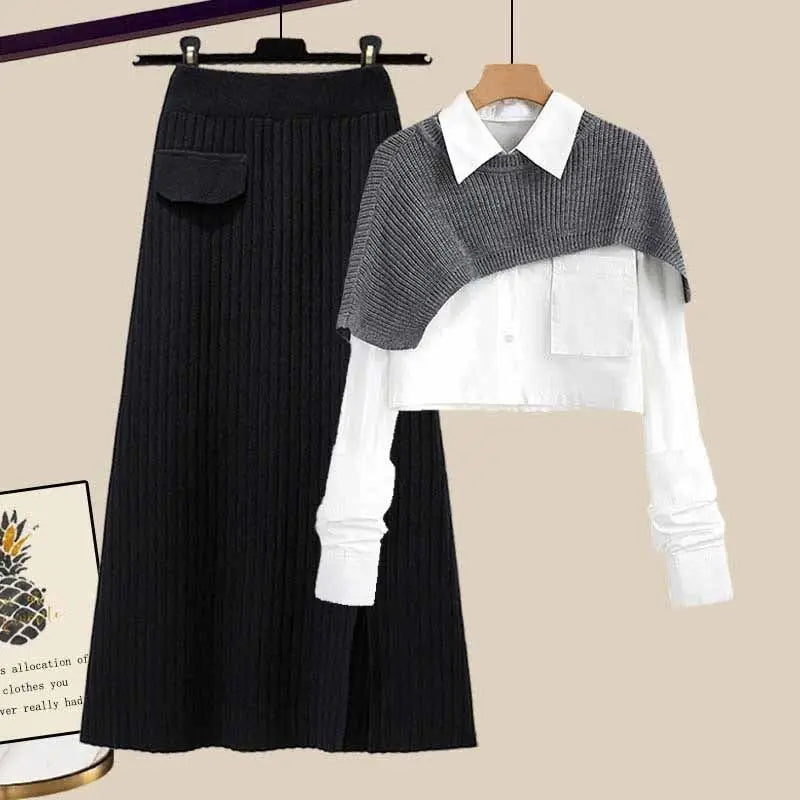 Women's 3-piece Winter Set Featuring A Collared Shirt, A Knitted Shoulder Wrap, And A Ribbed Maxi Skirt – An Elegant Set For Fall, Winter, And Smart-casual Style