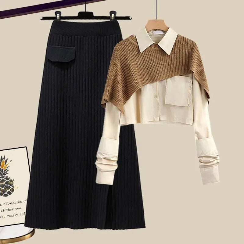 Women's 3-piece Winter Set Featuring A Collared Shirt, A Knitted Shoulder Wrap, And A Ribbed Maxi Skirt – An Elegant Set For Fall, Winter, And Smart-casual Style
