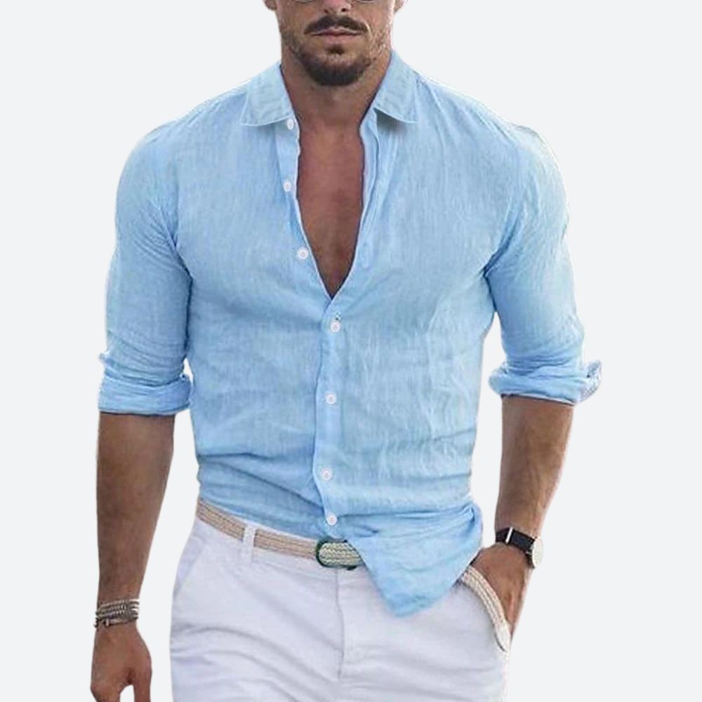 Men's Linen Shirt - Slim Fit Open Collar Button-Up Summer Casual Top