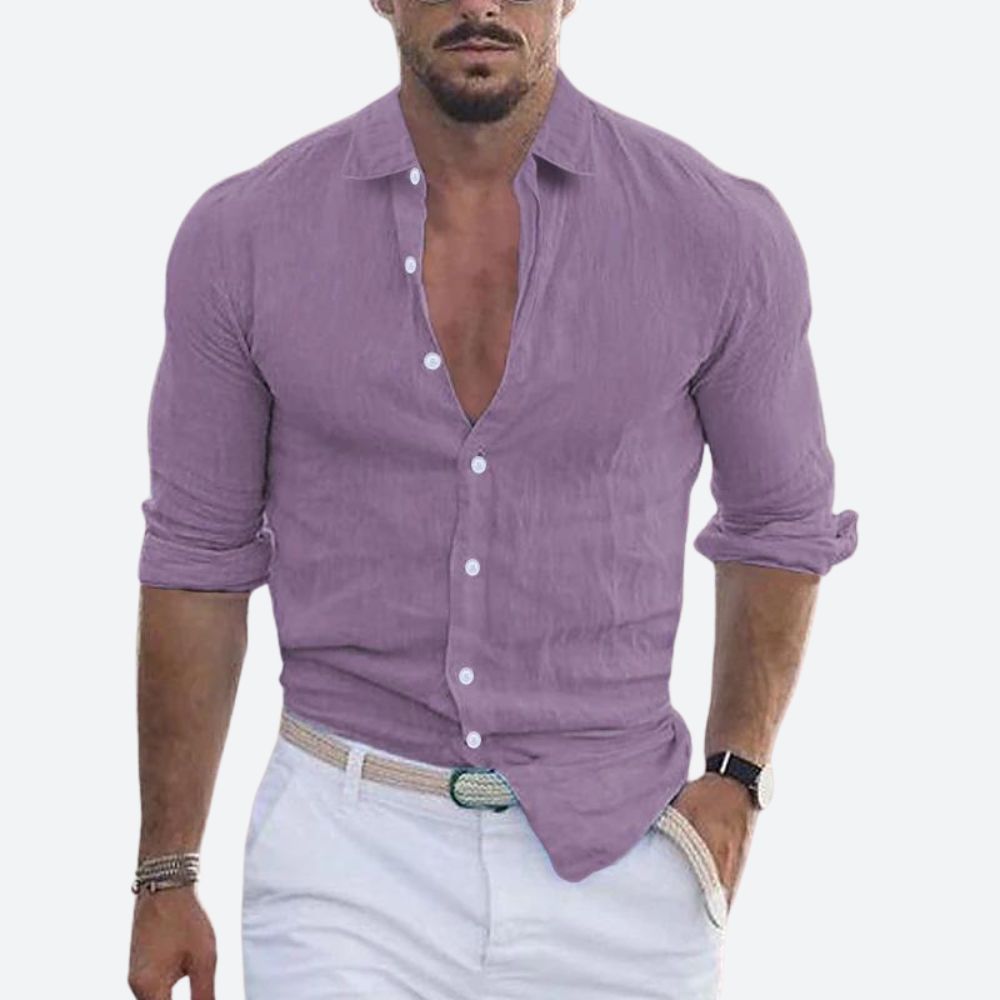Men's Linen Shirt - Slim Fit Open Collar Button-Up Summer Casual Top