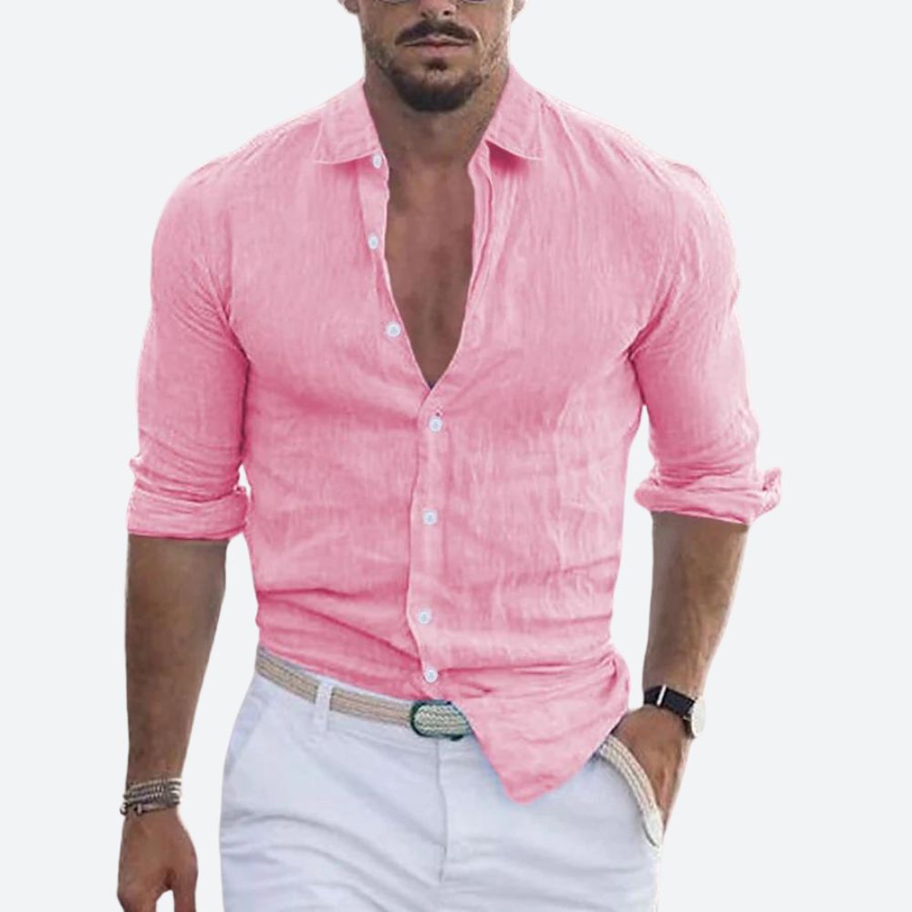 Men's Linen Shirt - Slim Fit Open Collar Button-Up Summer Casual Top