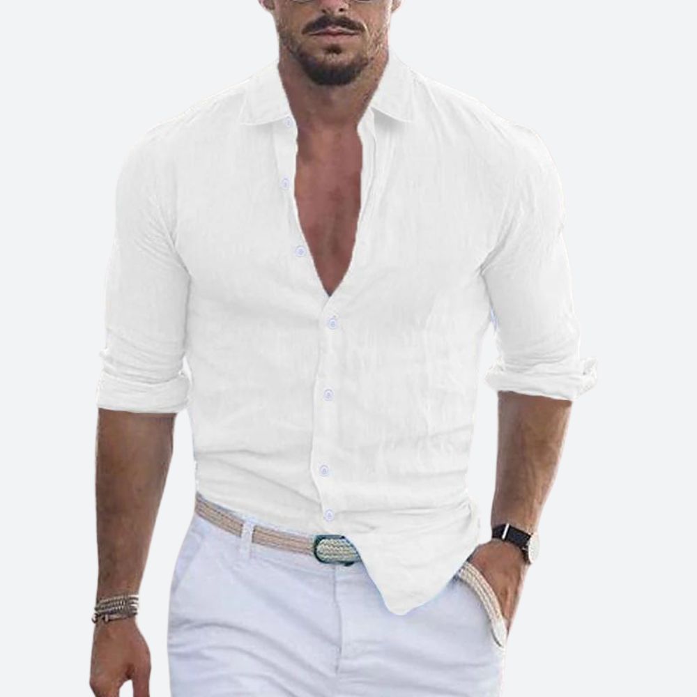 Men's Linen Shirt - Slim Fit Open Collar Button-Up Summer Casual Top