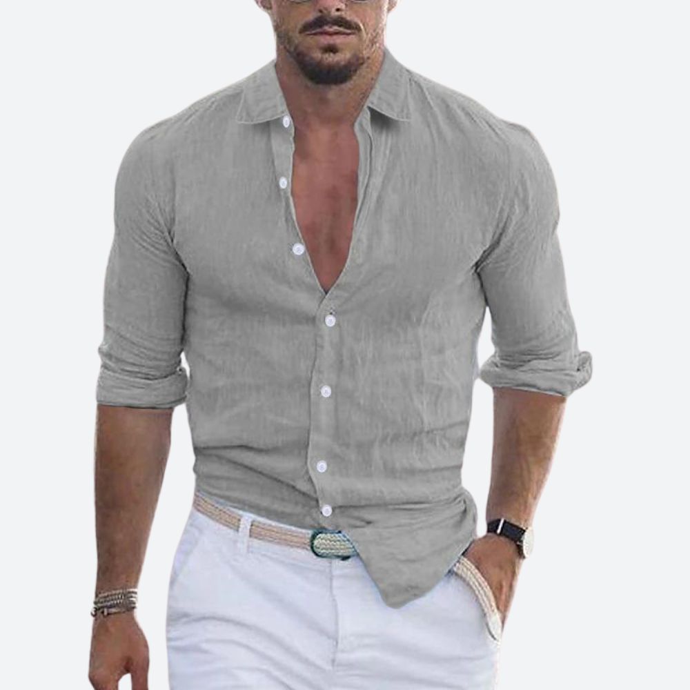 Men's Linen Shirt - Slim Fit Open Collar Button-Up Summer Casual Top