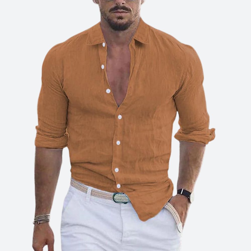 Men's Linen Shirt - Slim Fit Open Collar Button-Up Summer Casual Top