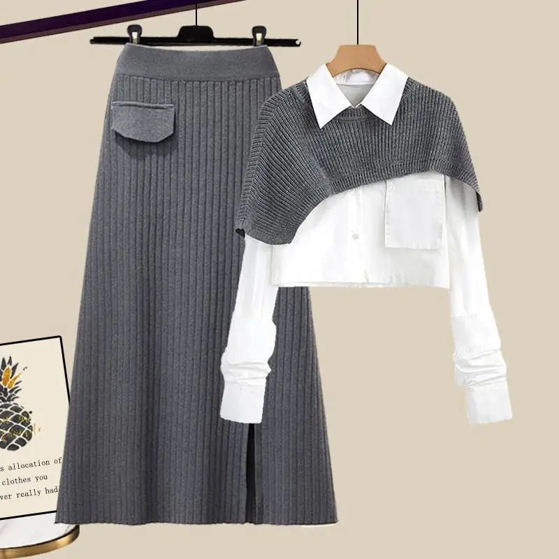Women's 3-piece Winter Set Featuring A Collared Shirt, A Knitted Shoulder Wrap, And A Ribbed Maxi Skirt – An Elegant Set For Fall, Winter, And Smart-casual Style