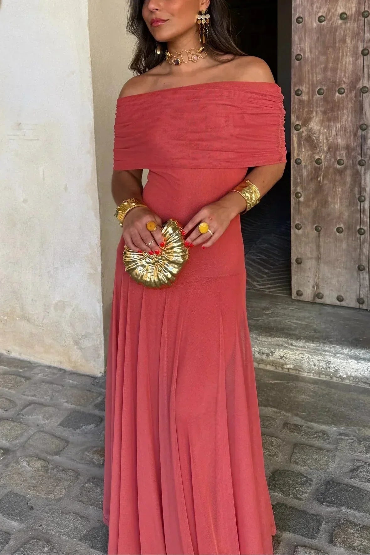 Women's Off-the-shoulder Maxi Dress With A Draped Waist – An Elegant Dress For Weddings, Parties, Evening Wear, And Special Occasions