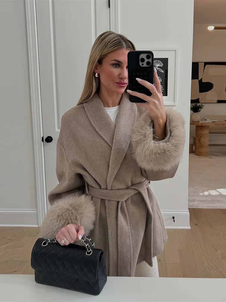 Antonia - Women's Tweed Coat with Belt and Faux Fur