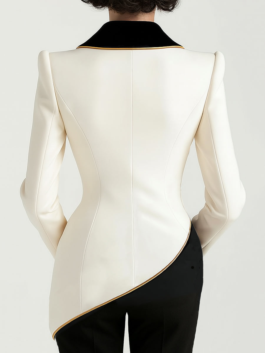 Camilla - Women's White Asymmetrical Elegant Blazer with Contrast