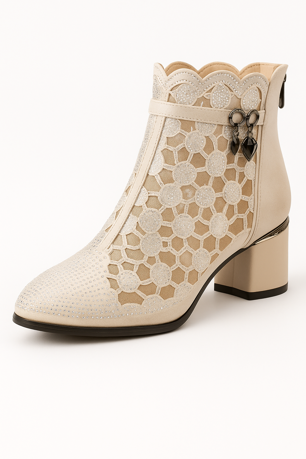 Irene - Women's Summer Ankle Boots with Embroidered Mesh and Decorative Heel