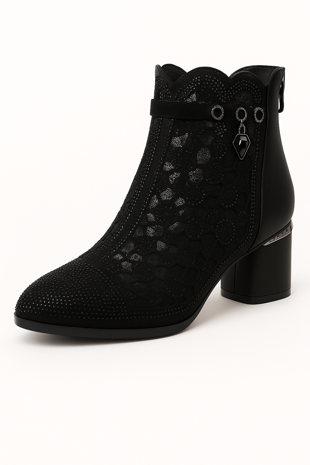 Irene - Women's Summer Ankle Boots with Embroidered Mesh and Decorative Heel