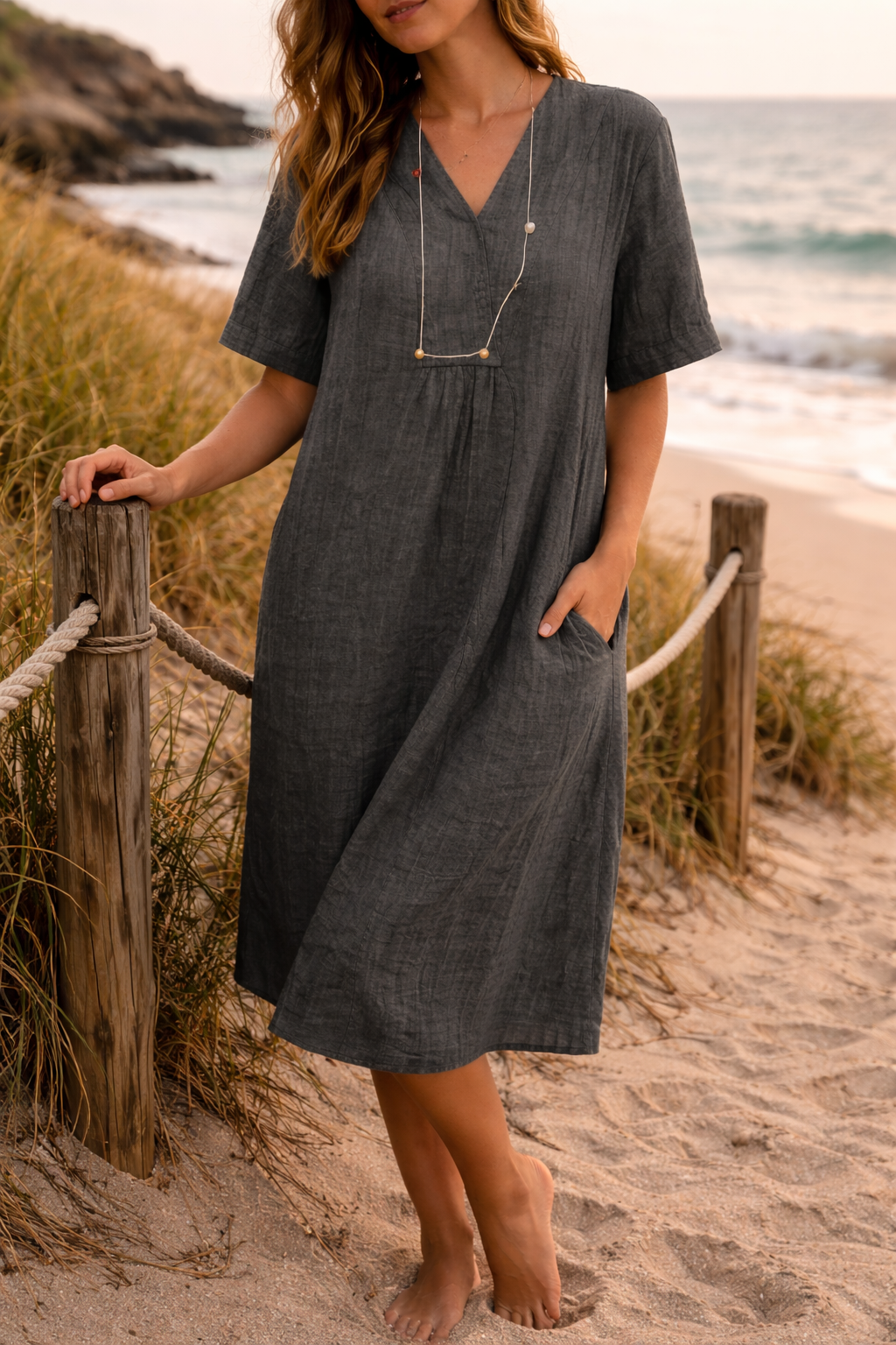 Women's Linen MIDI Dress - Relaxed V-neck Silhouette For Casual Summer Wear