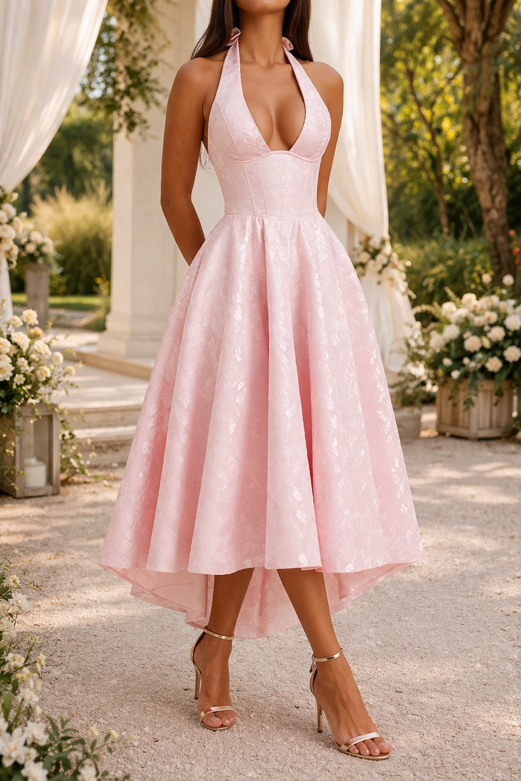 Women's Halter Neck Jacquard MIDI Dress - Elegant Occasion Wear For Weddings And Special Events
