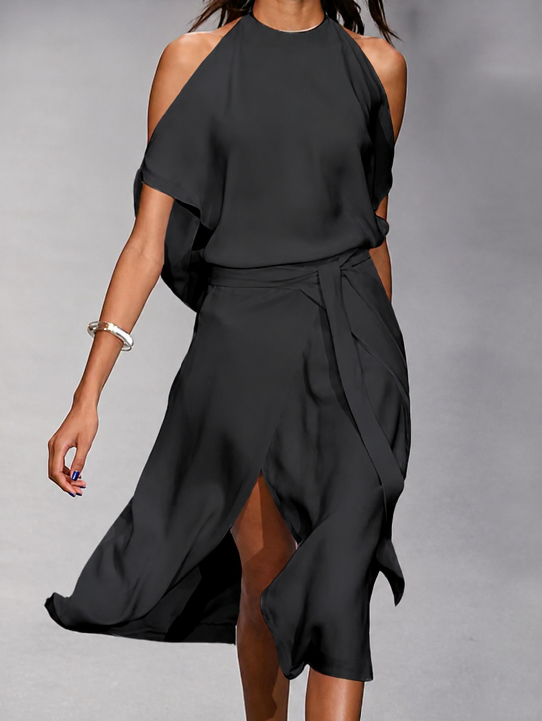 Women's Asymmetrical MIDI Dress With Open Shoulders And A Tie At The Waist – An Elegant Dress For Parties, Evening Wear, And Special Occasions