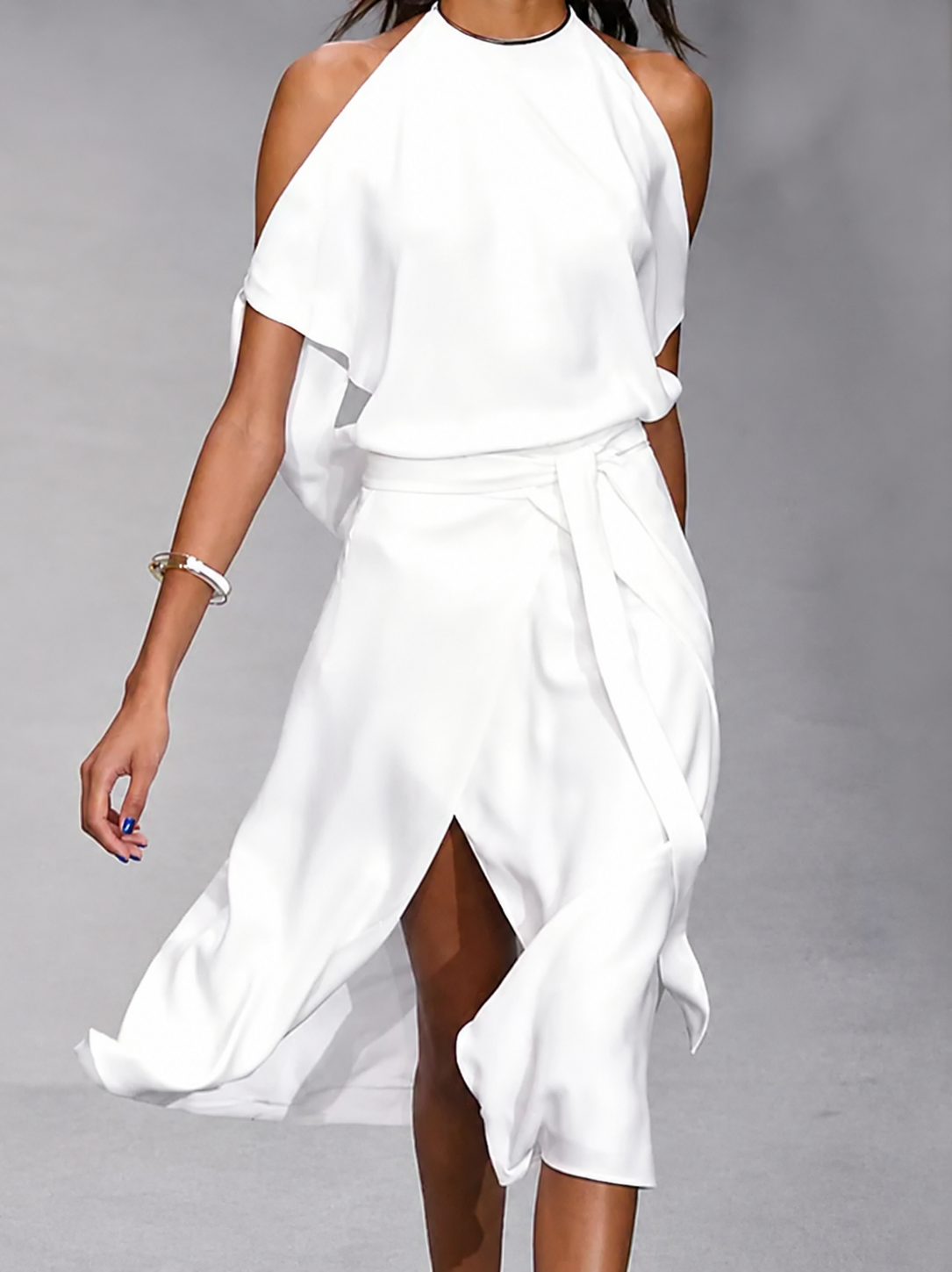 Women's Asymmetrical MIDI Dress With Open Shoulders And A Tie At The Waist – An Elegant Dress For Parties, Evening Wear, And Special Occasions