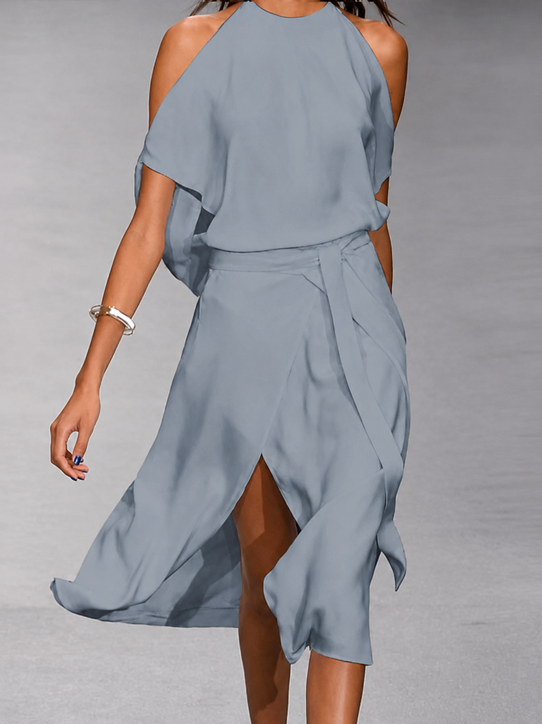 Women's Asymmetrical MIDI Dress With Open Shoulders And A Tie At The Waist – An Elegant Dress For Parties, Evening Wear, And Special Occasions