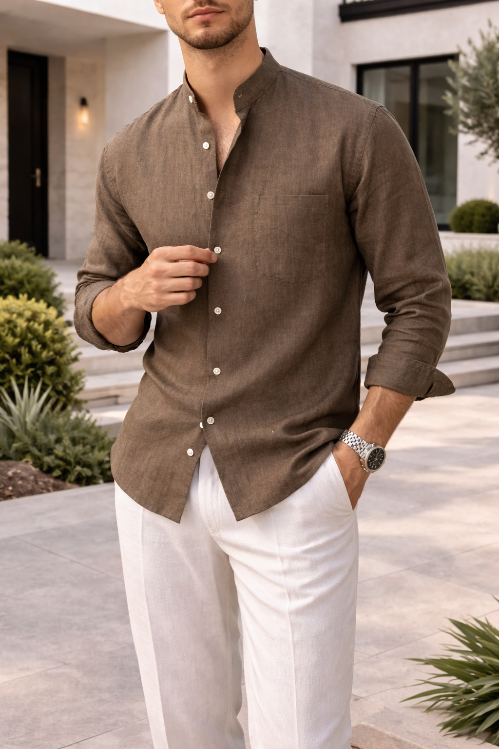 Men's Linen-blend Grandad Collar Shirt - Lightweight Casual Button-up For Everyday Summer Wear