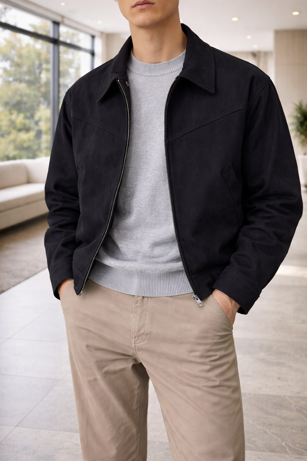 Men's Suede Jacket With A Zipper And Collar – Stylish Outerwear For Fall, Everyday Wear, Leisure, And Smart-casual Style