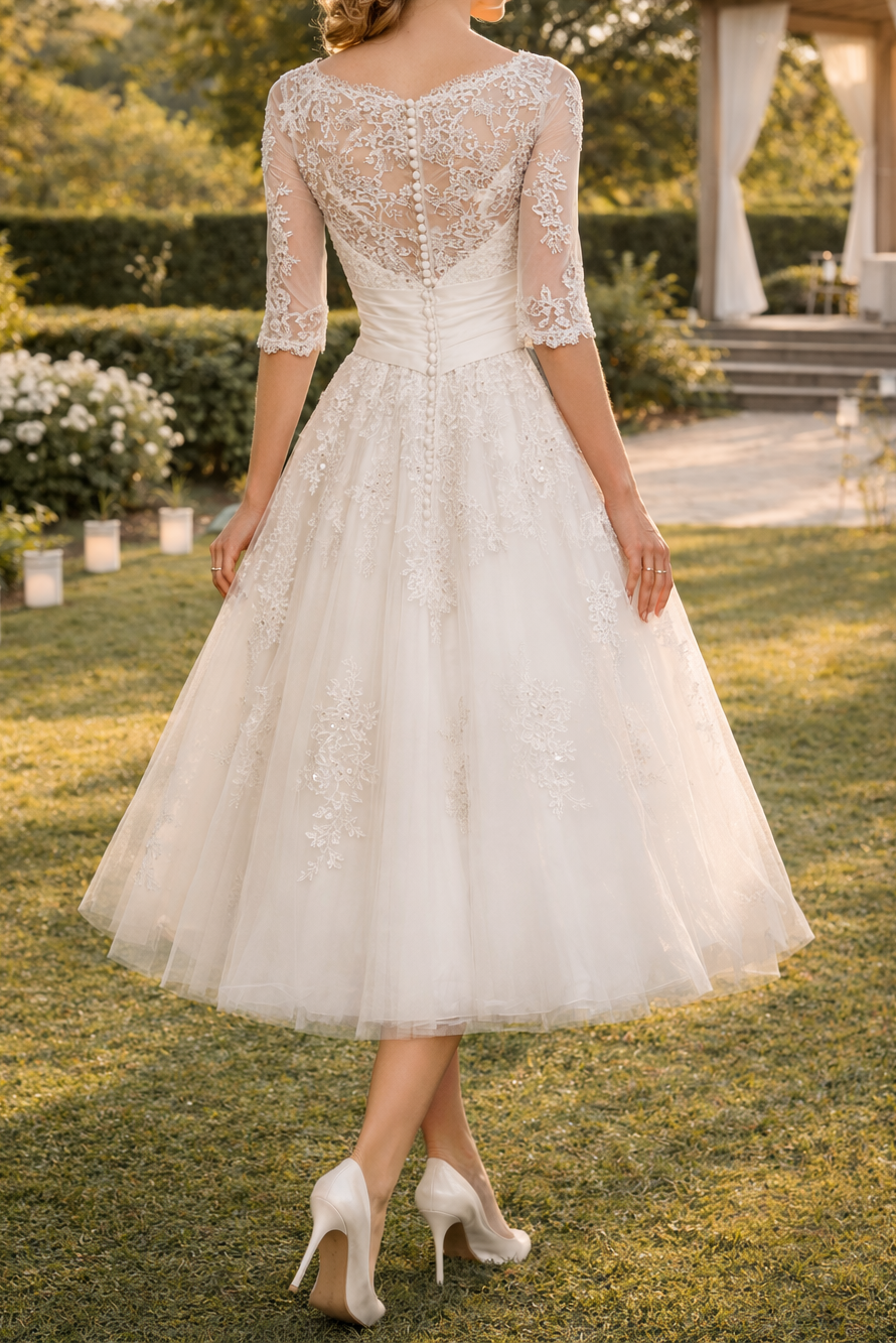 Women's A-line Midi Dress For Weddings With A Lace Overlay – An Elegant Dress For Weddings And Festive Occasions