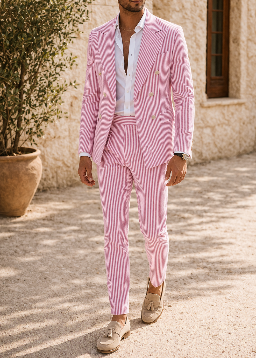 Men's Double-breasted Suit With A Striped Design – An Elegant Wedding Outfit For Parties, Formal Occasions, And Smart Casual Style