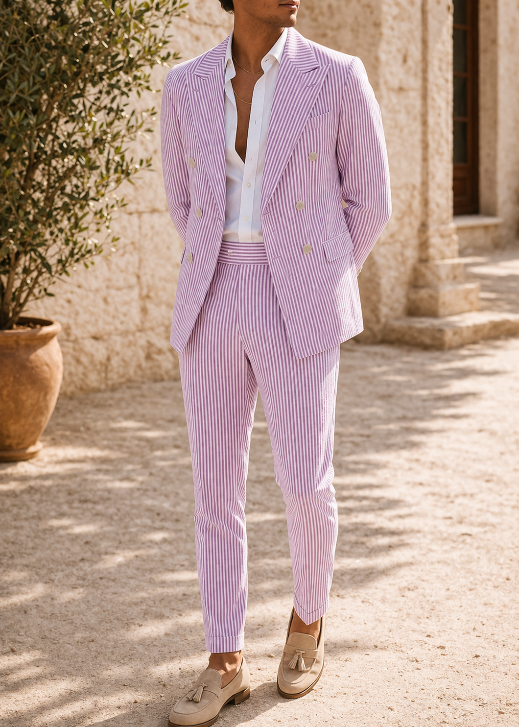 Men's Double-breasted Suit With A Striped Design – An Elegant Wedding Outfit For Parties, Formal Occasions, And Smart Casual Style