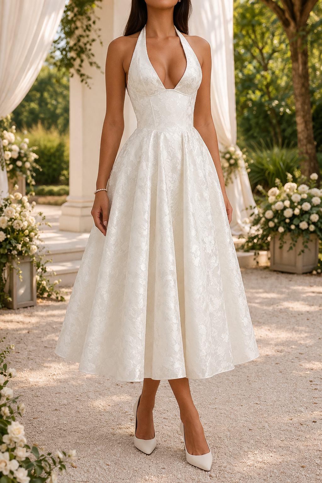 Women's Halter Neck Jacquard MIDI Dress - Elegant Occasion Wear For Weddings And Special Events