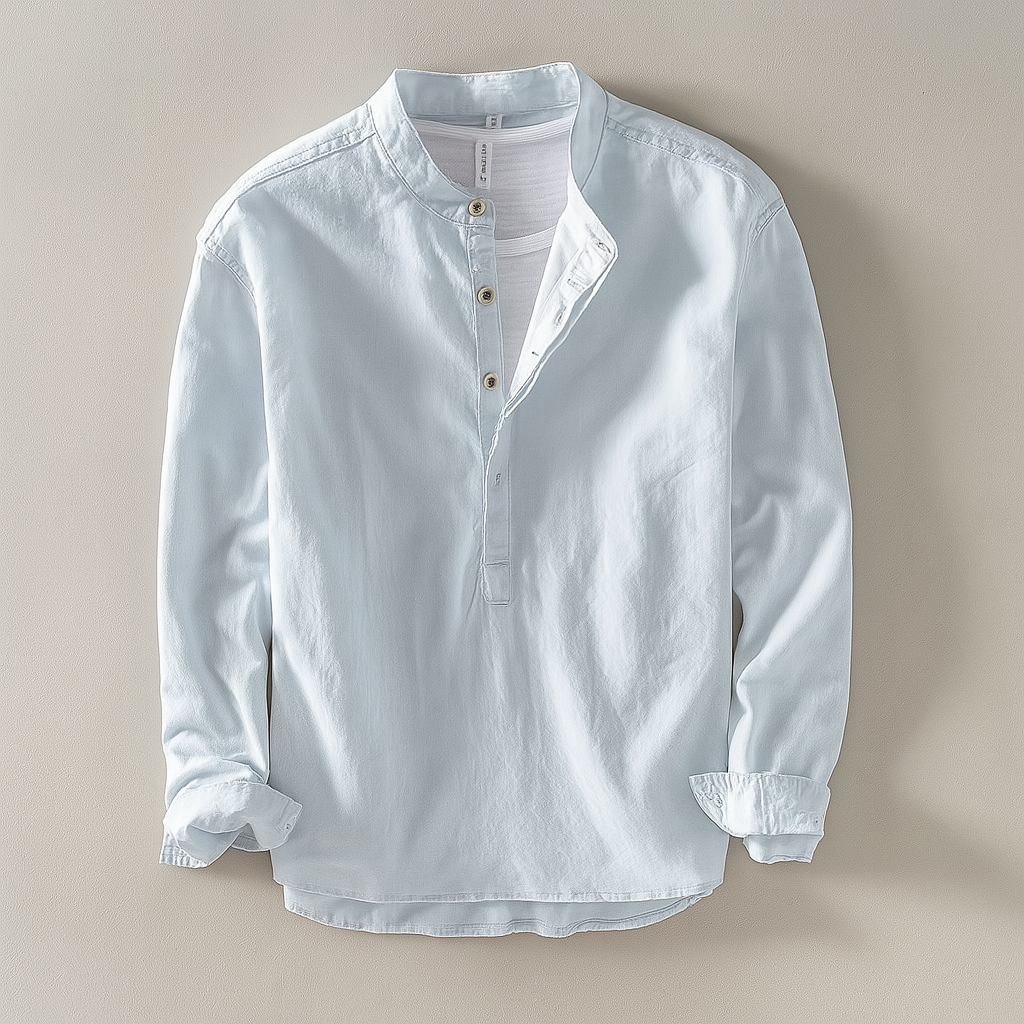 Men's Linen Shirt With A Stand-up Collar And Half-button Closure – A Lightweight, Stylish Shirt For Summer, Everyday Wear, Vacations, And Smart-casual Looks
