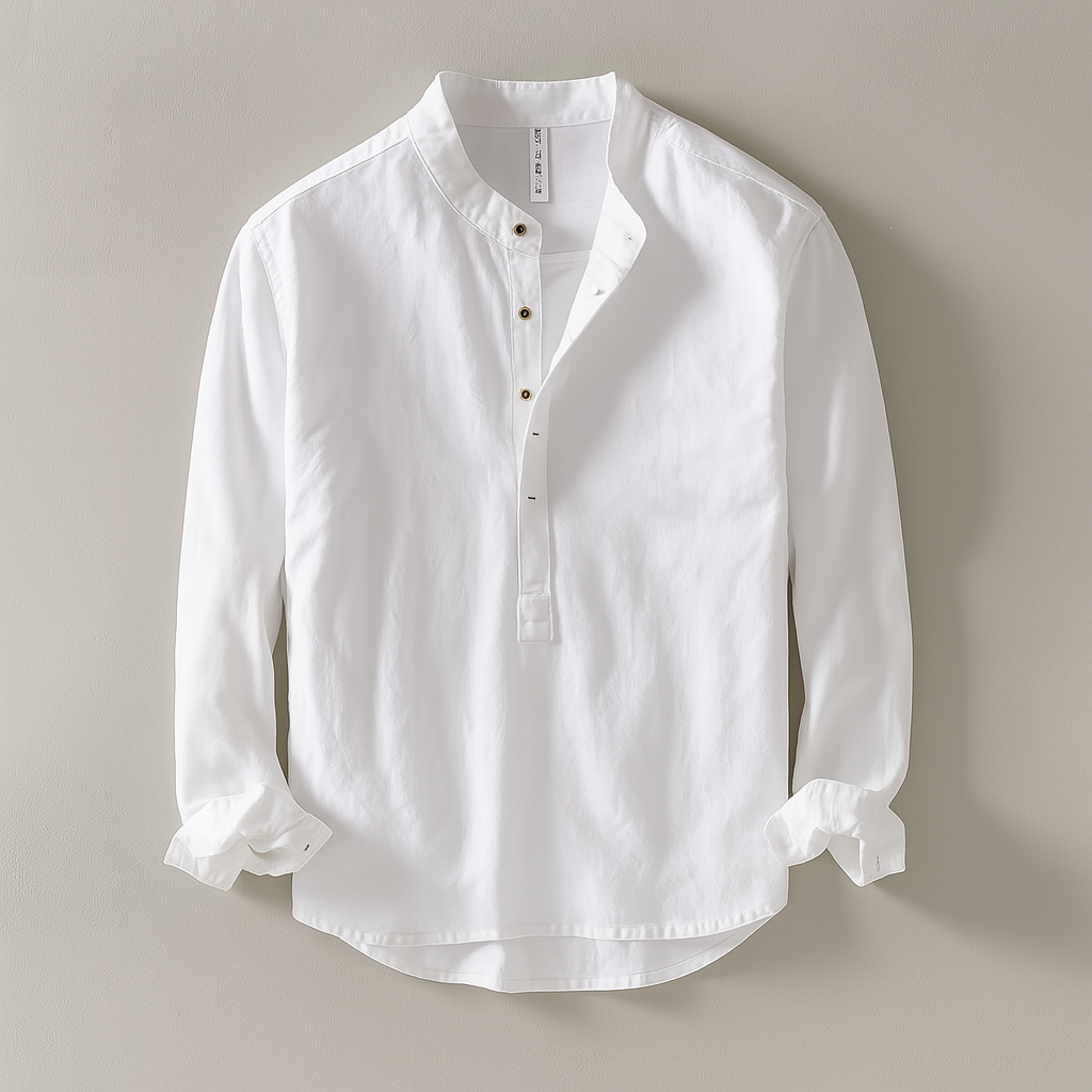Men's Linen Shirt With A Stand-up Collar And Half-button Closure – A Lightweight, Stylish Shirt For Summer, Everyday Wear, Vacations, And Smart-casual Looks