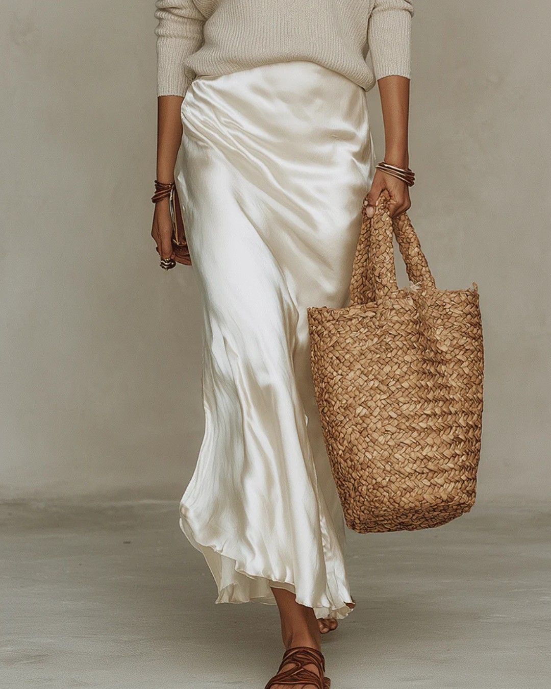 Women's Satin Midi Dress and Knit Sweater Set - Elegant Two-Piece Outfit for Transitional Seasons