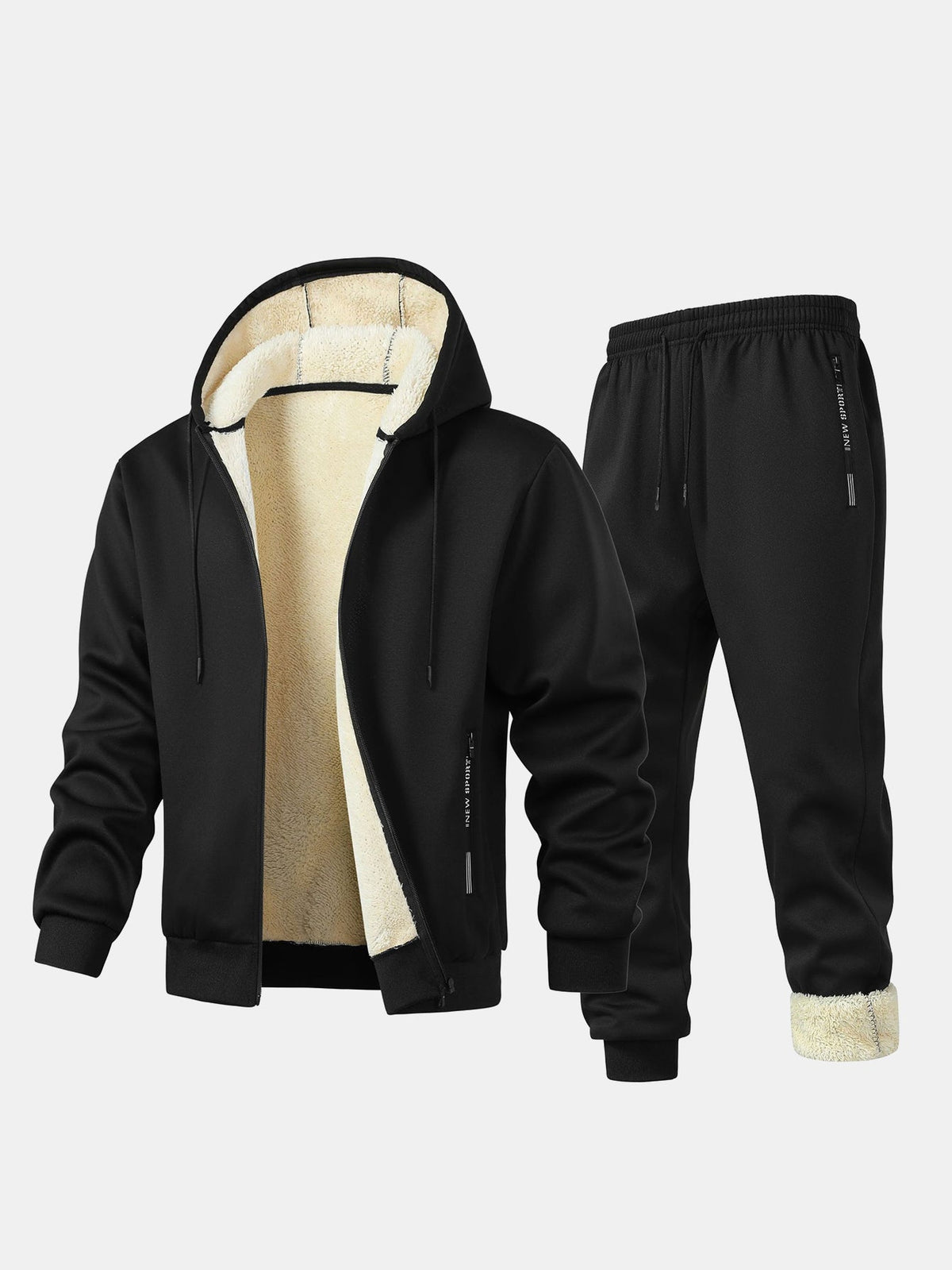 Men's Teddy-lined Tracksuit With Hood, Zip-up Jacket, And Joggers – A Warm Outfit For Winter, Travel, Everyday Wear, And Leisure