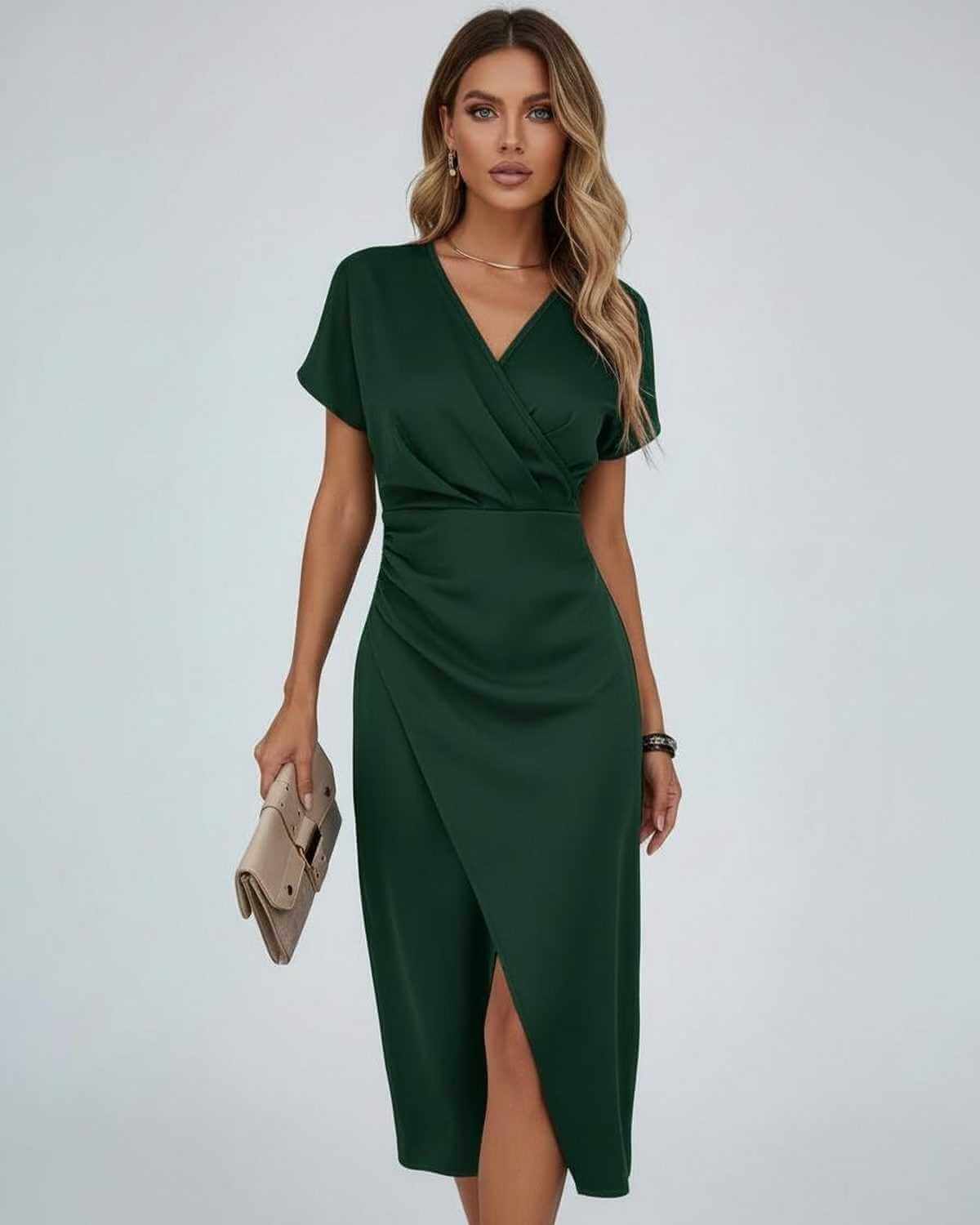 Women's Wrap MIDI Dress - Draped Waist And Split Hem For Elegant Occasion Wear