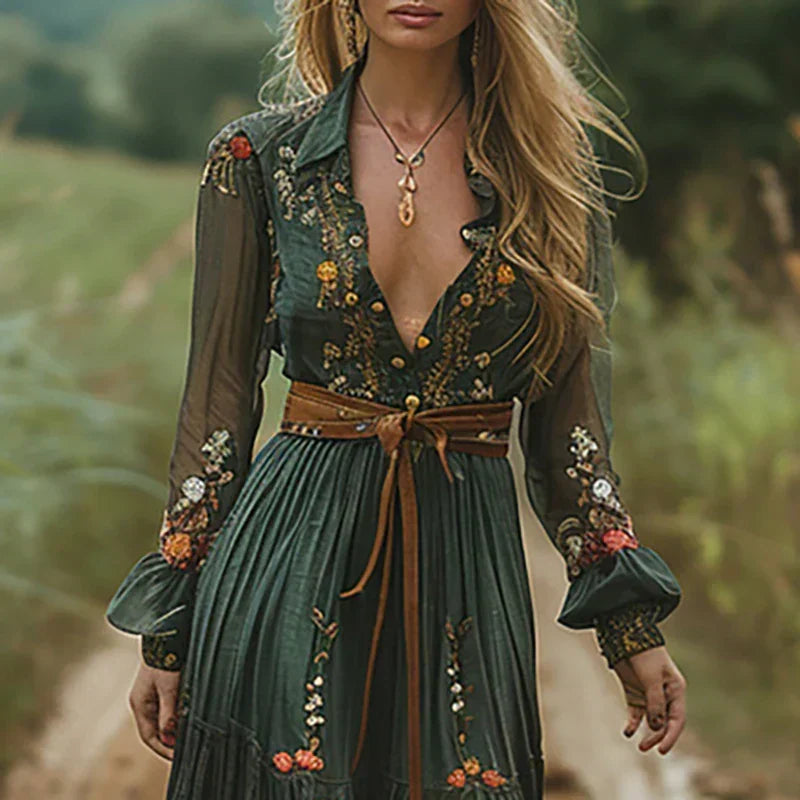 Women's Embroidered Boho Maxi Dress - Sheer Long Sleeves And Flowing Silhouette For Evening Occasion Wear