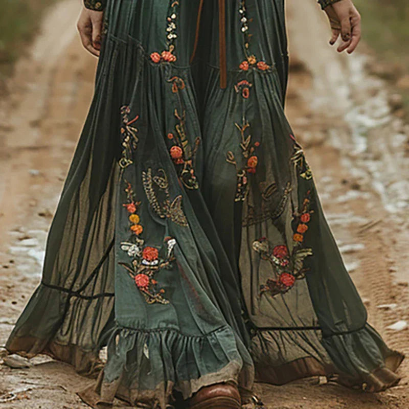 Women's Embroidered Boho Maxi Dress - Sheer Long Sleeves And Flowing Silhouette For Evening Occasion Wear