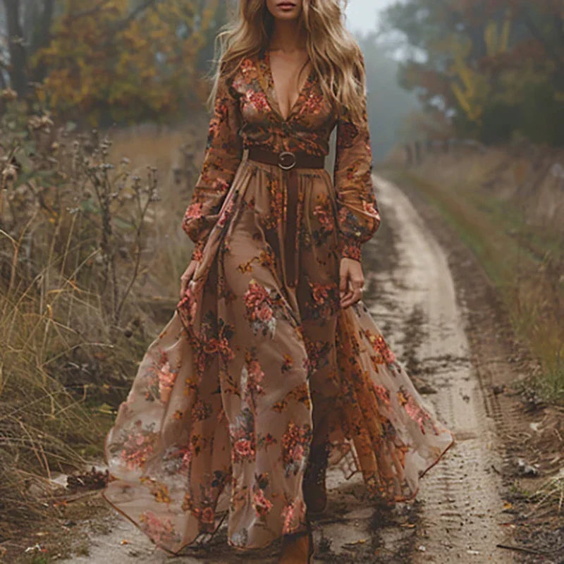 Women's Embroidered Boho Maxi Dress - Sheer Long Sleeves And Flowing Silhouette For Evening Occasion Wear