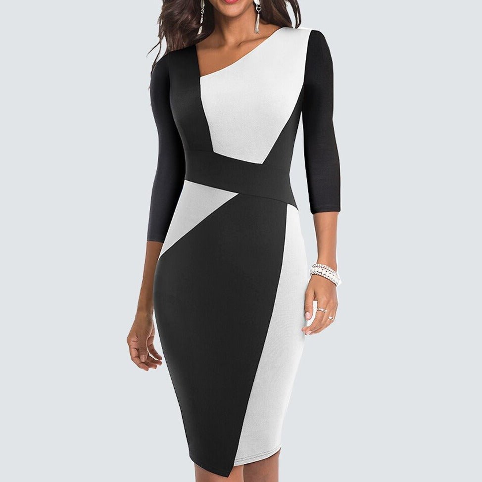 Women's Midi Dress With An Asymmetrical Neckline And Tailored Panels—an Elegant Dress For Festive Occasions And Stylish Everyday Wear