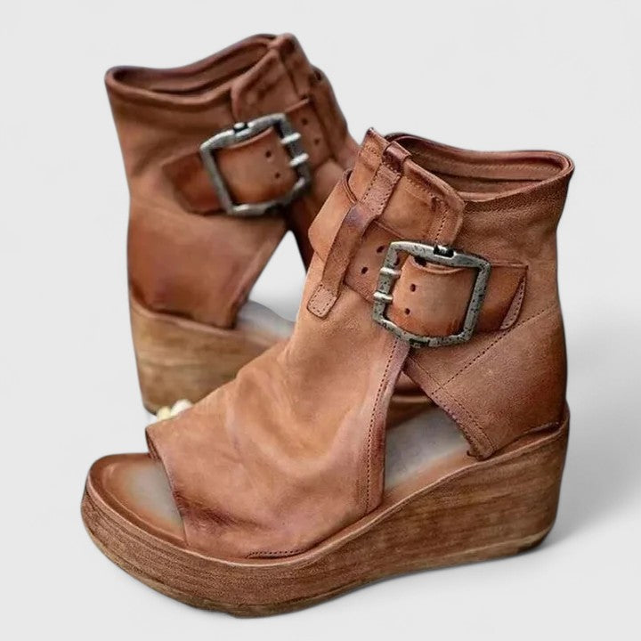 Aria | Women Buckled Open Toe Wedge Ankle Boots