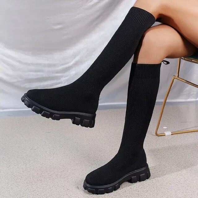 Tania - Knee-High Women's Boots with Sock Fit and Chunky Sole