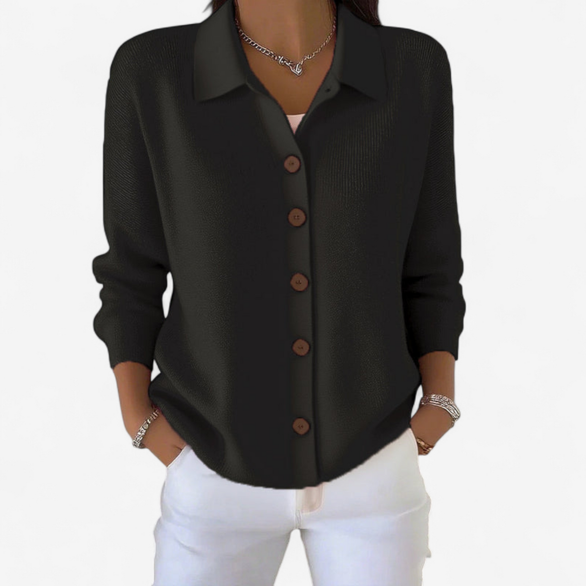 Women's Knitted Cardigan With Collar And Front Button Closure – A Casual Knit For Spring, Fall, And Everyday Wear