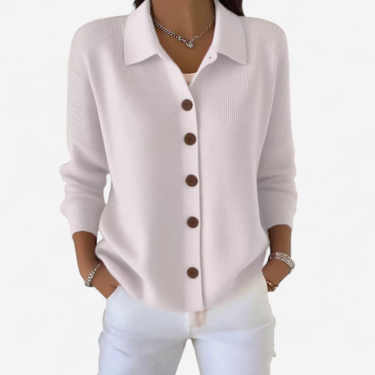 Women's Knitted Cardigan With Collar And Front Button Closure – A Casual Knit For Spring, Fall, And Everyday Wear