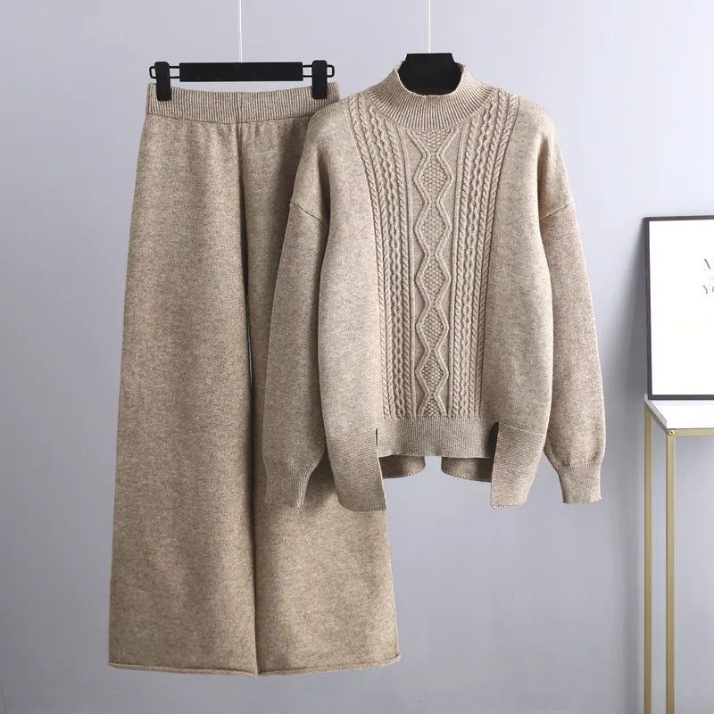 Women's Cashmere Knit Set With A Sweater And Wide-leg Pants – A Warm And Elegant Loungewear Set For Winter, Everyday Wear, And Relaxation