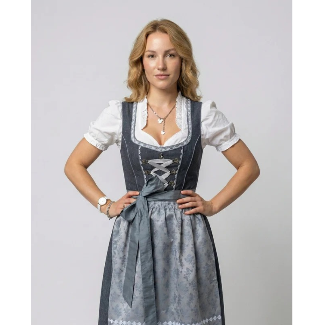 Women's Classic Dirndl Midi Dress With Decorative Apron – Traditional Oktoberfest Dress For Parties, Festivals, And Special Occasions