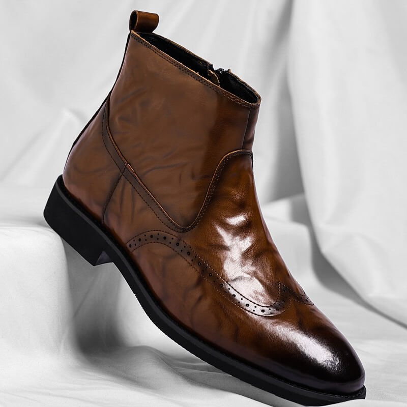 Men's Italian Leather Boots With Brogue Details – Elegant Ankle Boots For The Office, Business Casual, And Evening Wear
