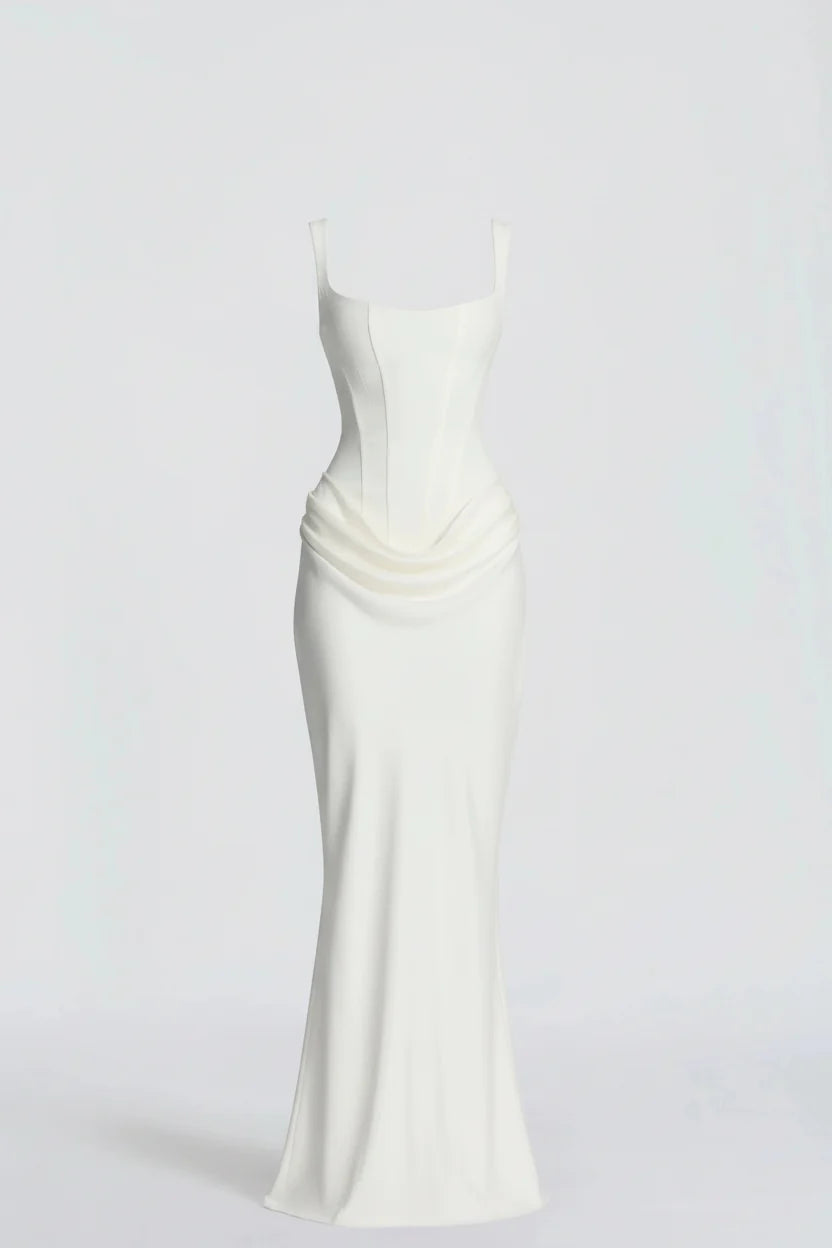 Women's Draped Mermaid Maxi Dress - Square Neck Elegant Evening Dress For Formal Occasions
