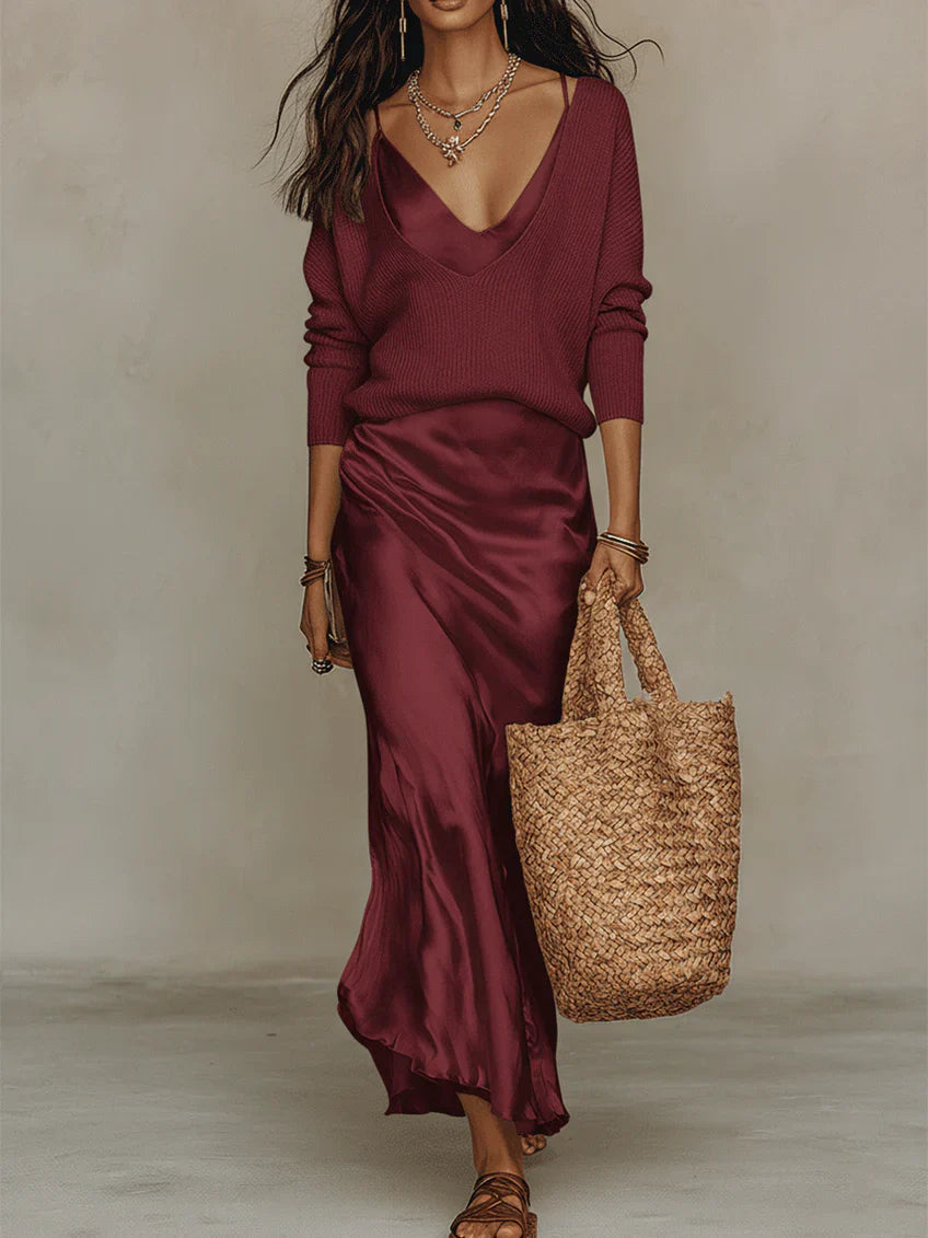 Women's Satin MIDI Slip Dress And Knit Jumper Set - Two-piece Layered Outfit For Day-to-evening Wear