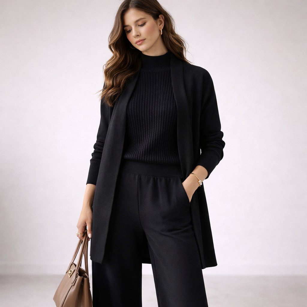 Women's Soft 3-piece Knit Set With A High Neck, Wide-leg Pants, And A Long Cardigan – A Comfortable Outfit For Travel, Everyday Wear, And Relaxing
