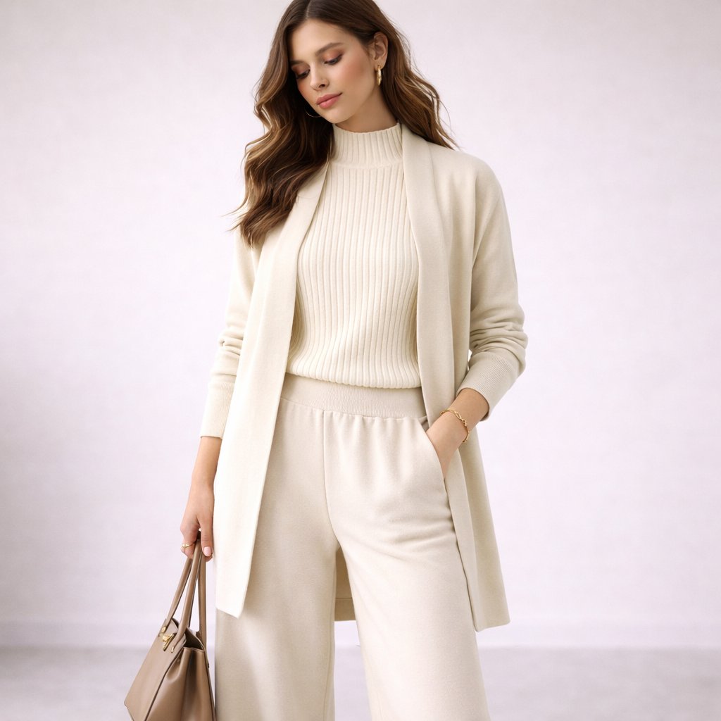 Women's Soft 3-piece Knit Set With A High Neck, Wide-leg Pants, And A Long Cardigan – A Comfortable Outfit For Travel, Everyday Wear, And Relaxing