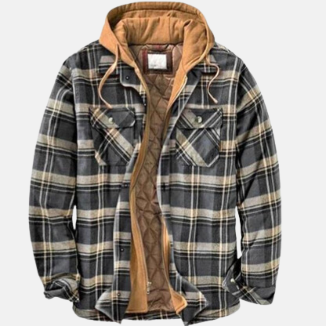 Men's Warm Hooded Overshirt Jacket With A Print And Quilted Design—practical Outerwear For Outdoor Use And Casual Everyday Style