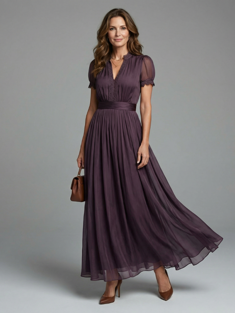 Women's Pleated Waist Maxi Dress - Sheer Sleeves For Elegant Occasion Wear